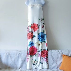 NWOT WHITE WITH FLOWERS MAXI STRAPLESS JERSEY DRESS  sz  M/L
